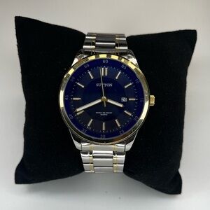 Sutton Watch Men 42mm Silver Gold Two Tone Date Blue Dial WR 50M New Battery